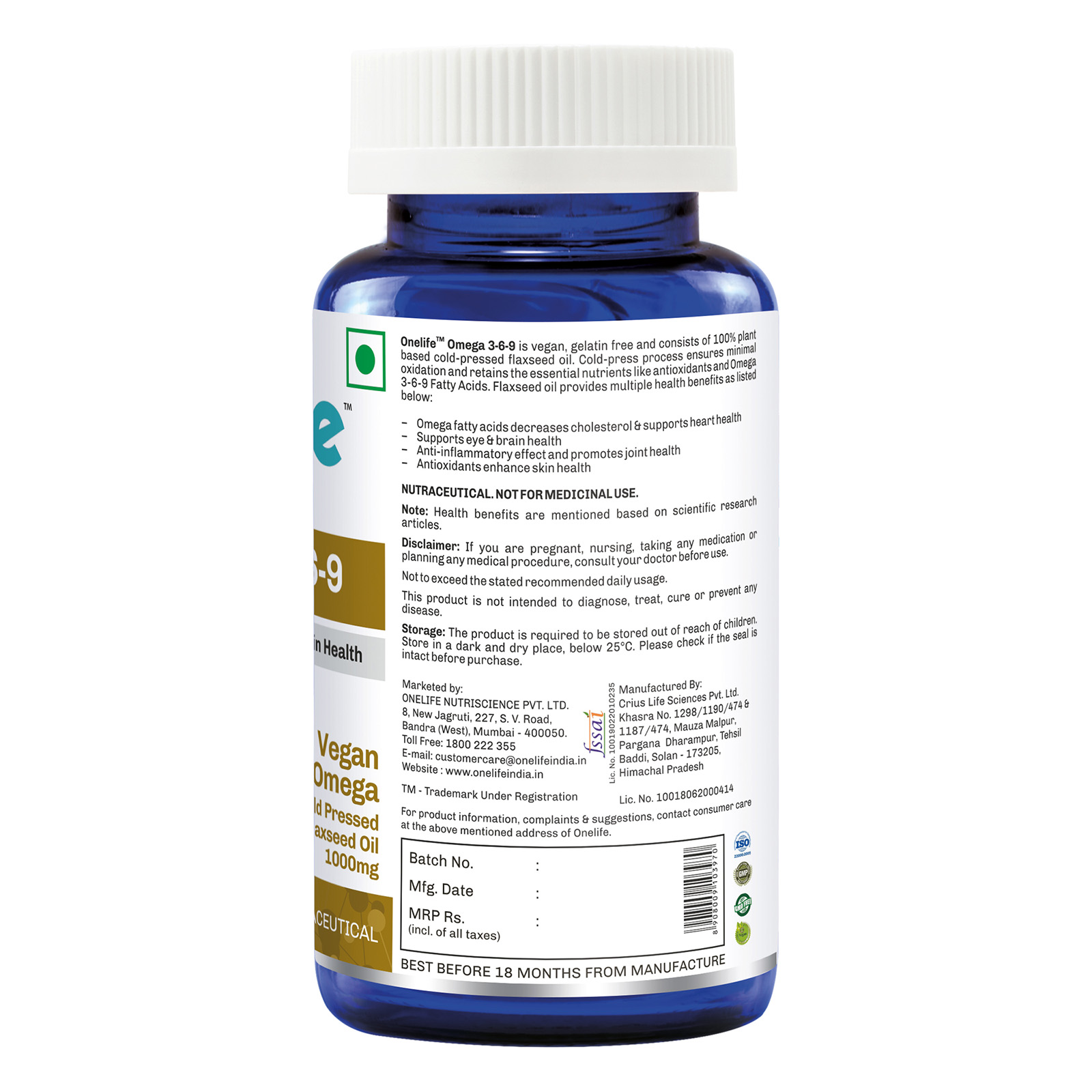 Onelife Vegan Omega 3-6-9 Flaxseed Oil (1000mg)