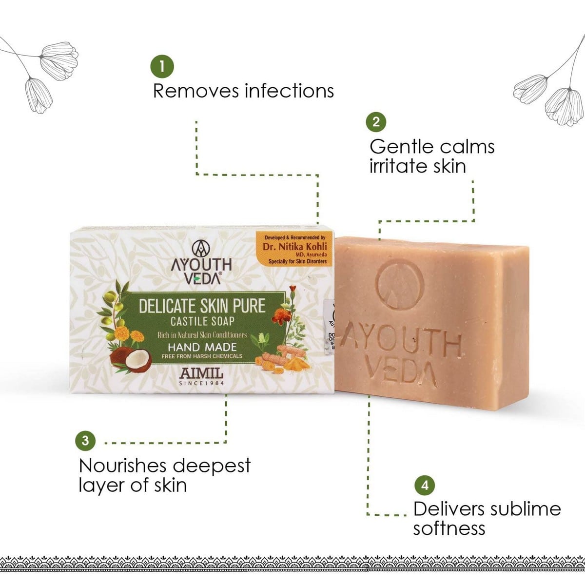 Ayouthveda Delicate Skin Pure Handmade Castile Soap With Neem & Tulsi (110 Gm)