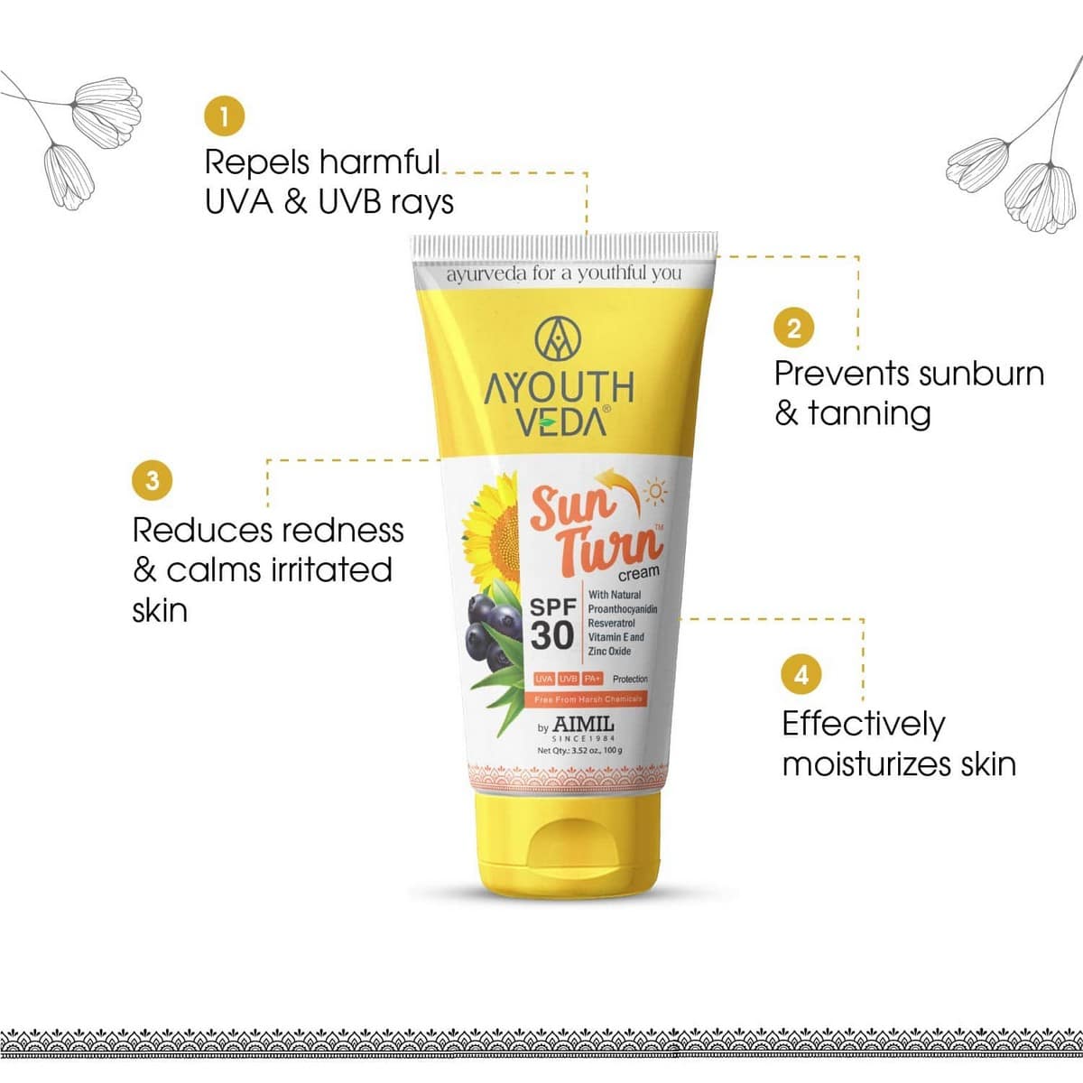 Ayouthveda Sun Turn SPF 30 Cream With UVA, UVB & PA+ ProtectionÂ (100 Gm)