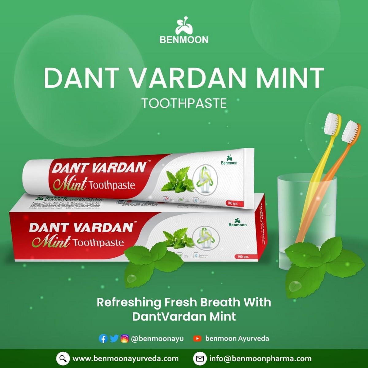 Benmoon Dant Vardan Mint Toothpaste For Refreshing Breath All Day Long (100 gm)