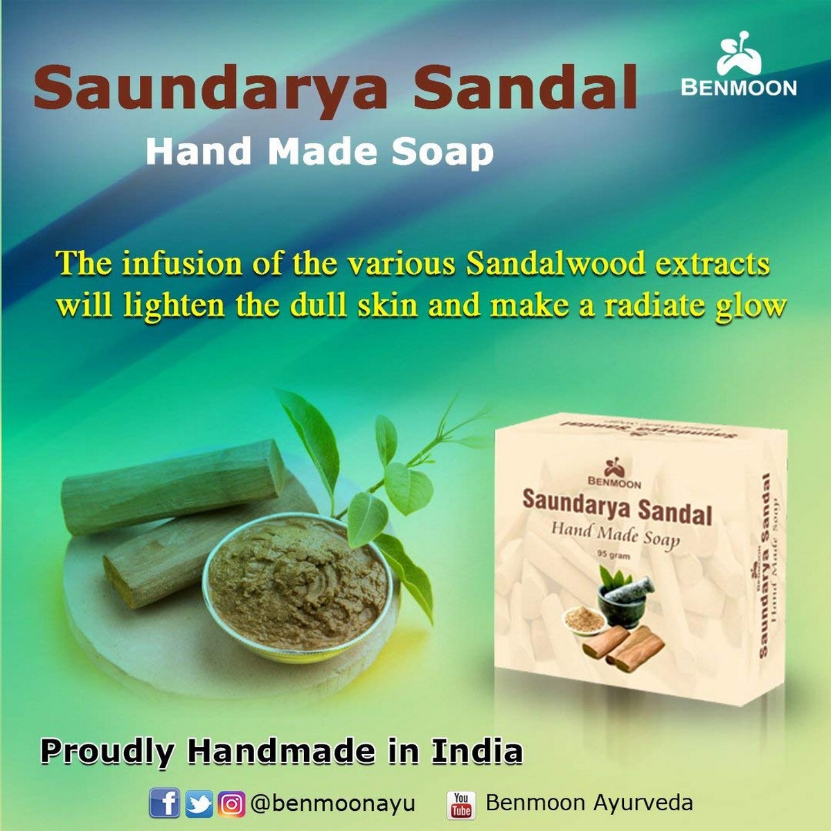 Benmoon Saundarya Sandal Handmade Soap For Clean, Soft and Touchable Skin (95 Gm)