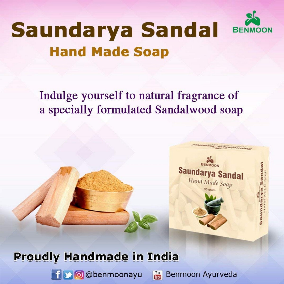 Benmoon Saundarya Sandal Handmade Soap For Clean, Soft and Touchable Skin (95 Gm)