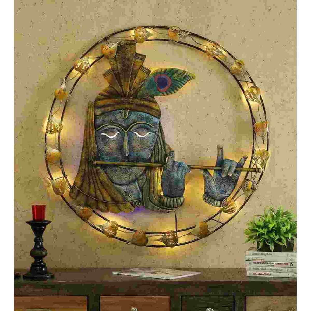 Blue Coloured Krishna with Golden Ring Light for Wall