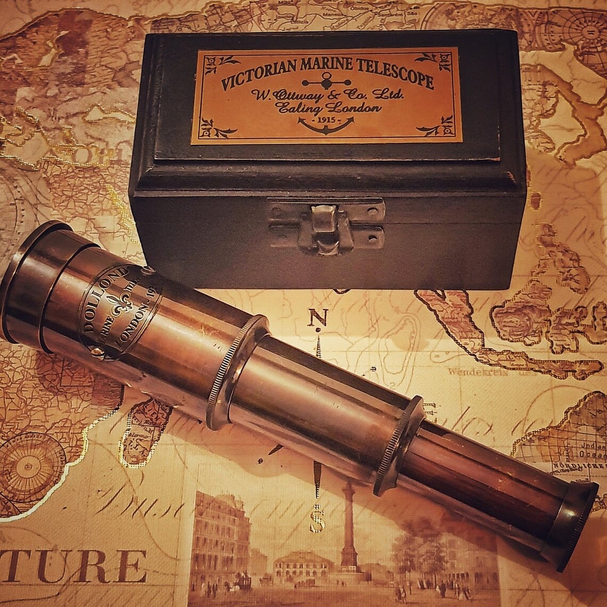 Brass Made Brown Colored Antique Telescope With Wooden Box For Storage