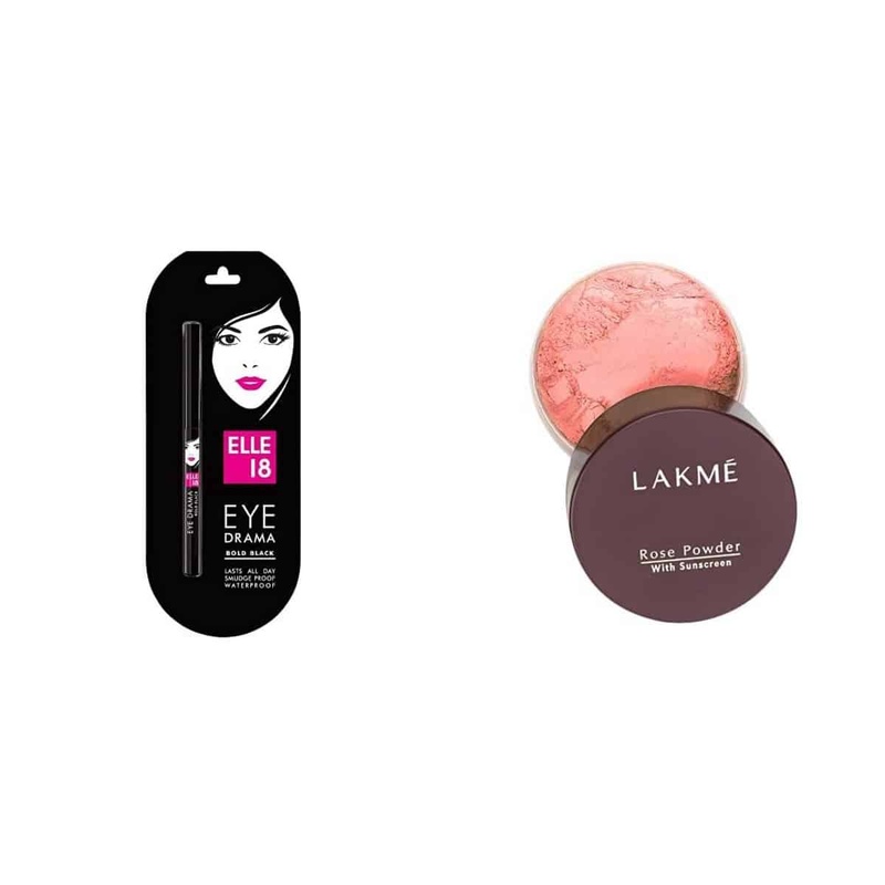 Elle 18 Eye Drama Kajal Bold Black (0.35g) & Lakme Rose Face Powder Warm Pink (40g)