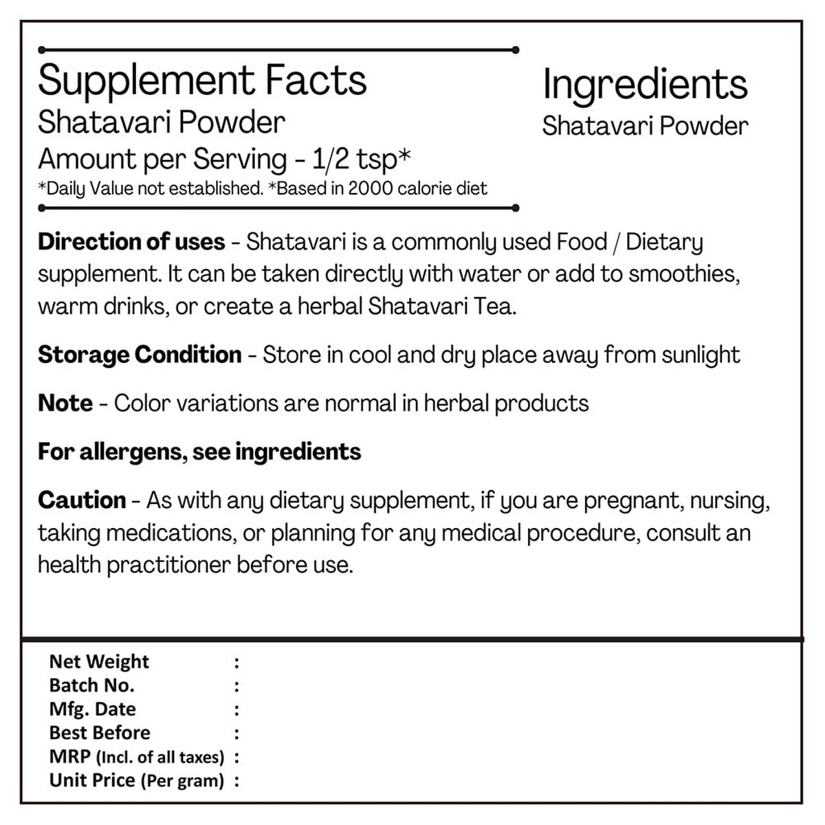 H&C Organic Shatavari Powder (227 Gm)