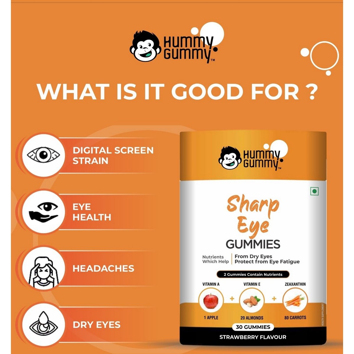 Hummy Gummy Sharp Eye Gummies For Kids & Adults, Strawberry Flavor (30 Gummies)