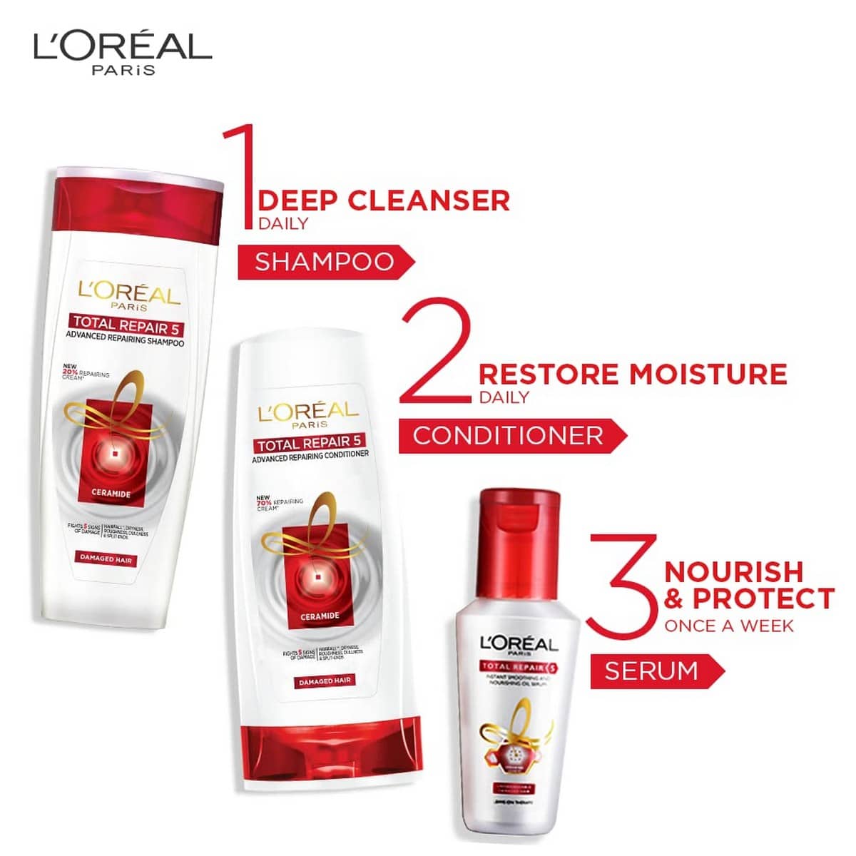 Loreal Total Repair 5 Shampoo Combo with Conditioner+ Serum