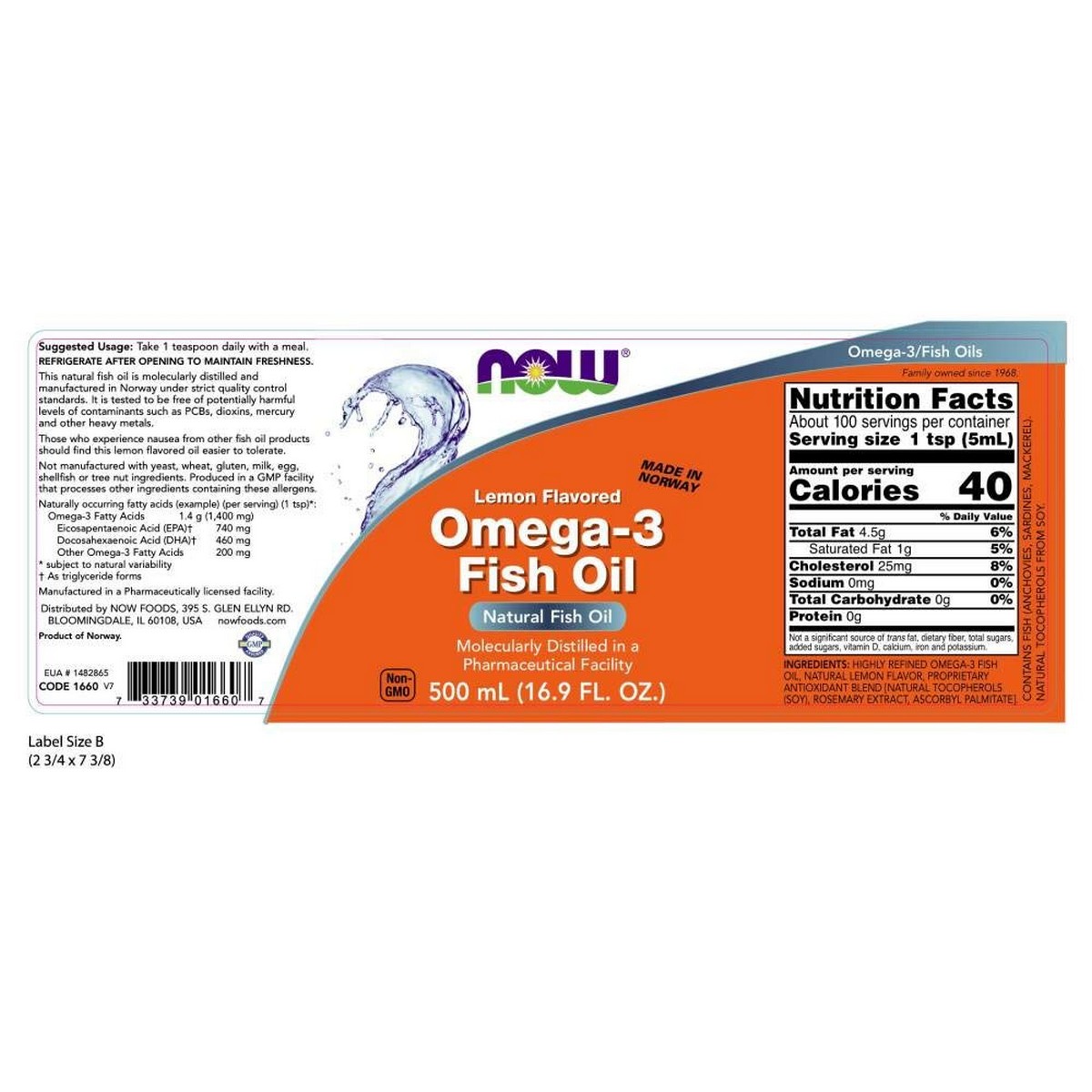 Now Foods Omega - 3 Fish Oil (500ml)