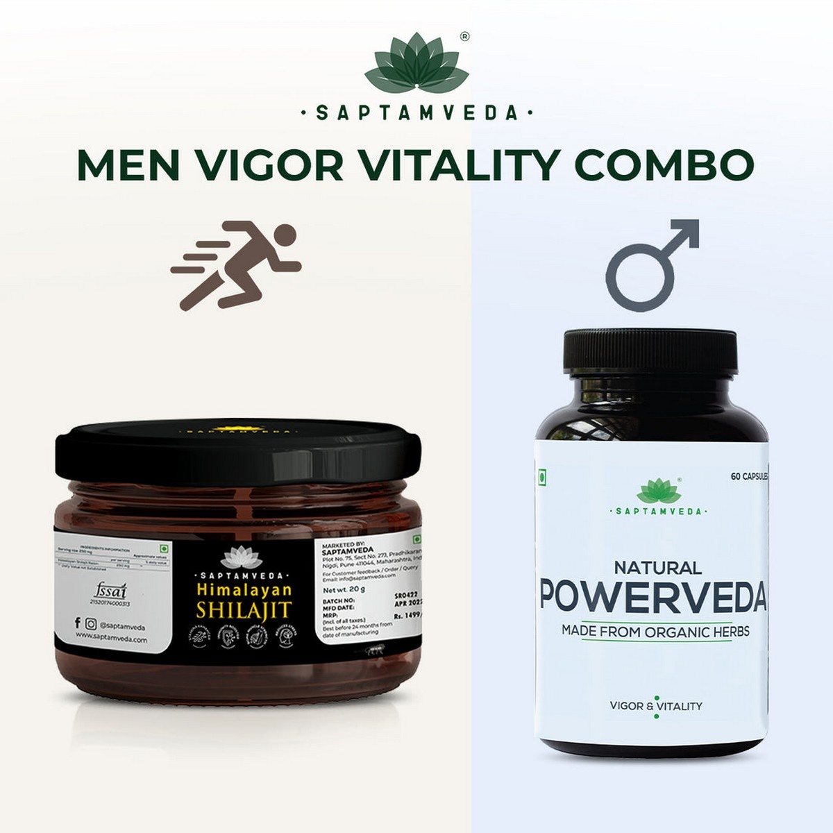 Saptamveda Vigor & Vitality Combo for Men | Powerveda Capsules + Himalayan Shilajit