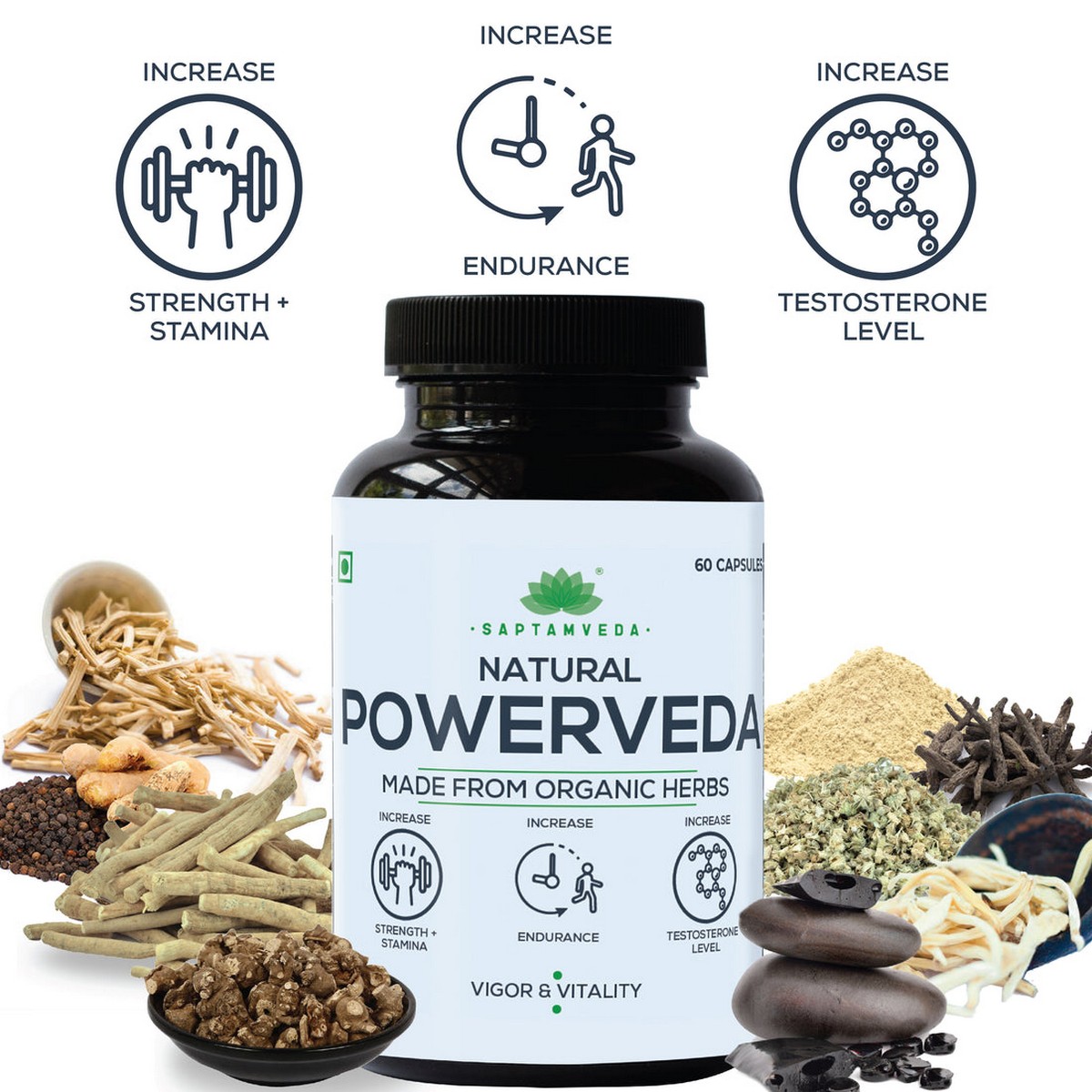 Saptamveda Vigor & Vitality Combo for Men | Powerveda Capsules + Himalayan Shilajit