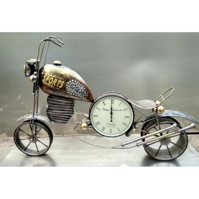 Chopper Bike in Metal for Table Decor with Small Timepiece