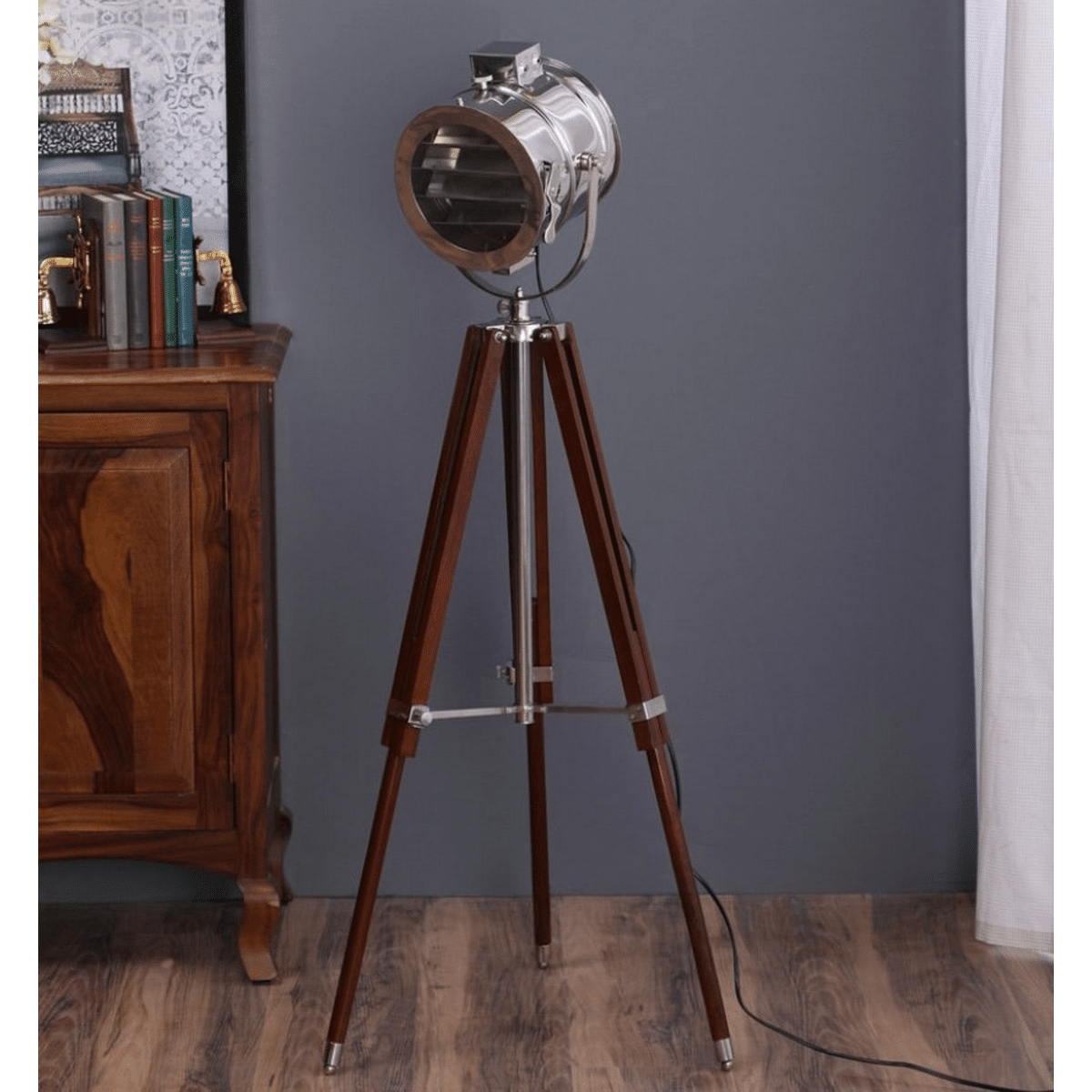 Silver Stainless Steel Made Standing Spotlight With Wooden Tripod