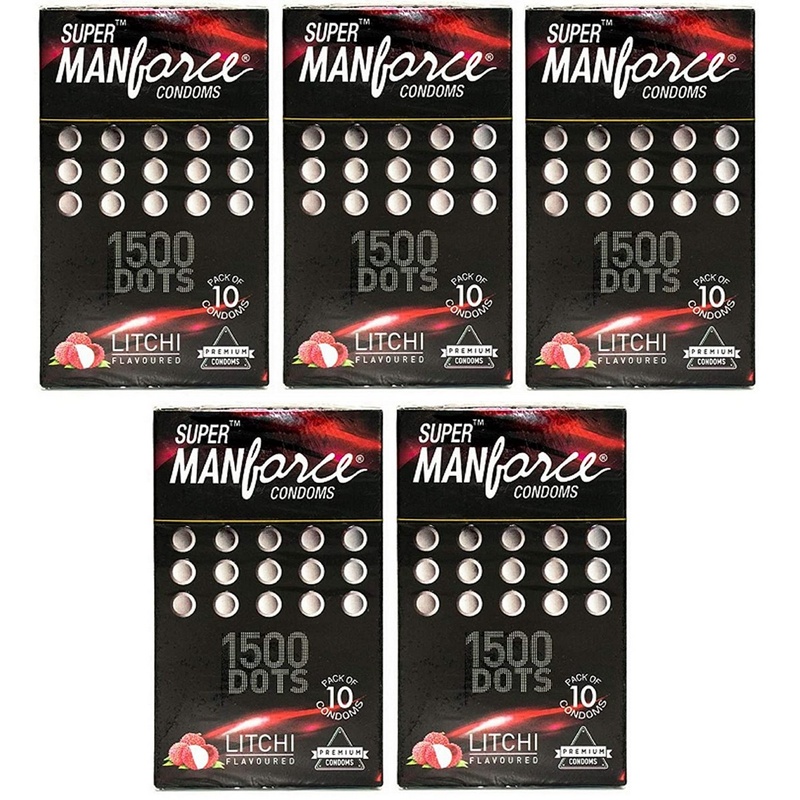 Super Manforce Litchi Flavour Condom with 1500 Dots (Set of 5)