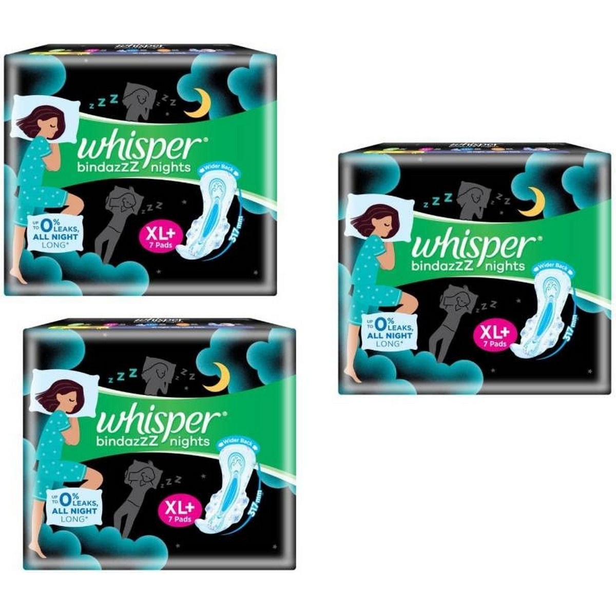 Whisper Bindazz-Night For Women, XL+ (Pack of 3, 7 Pads Each)