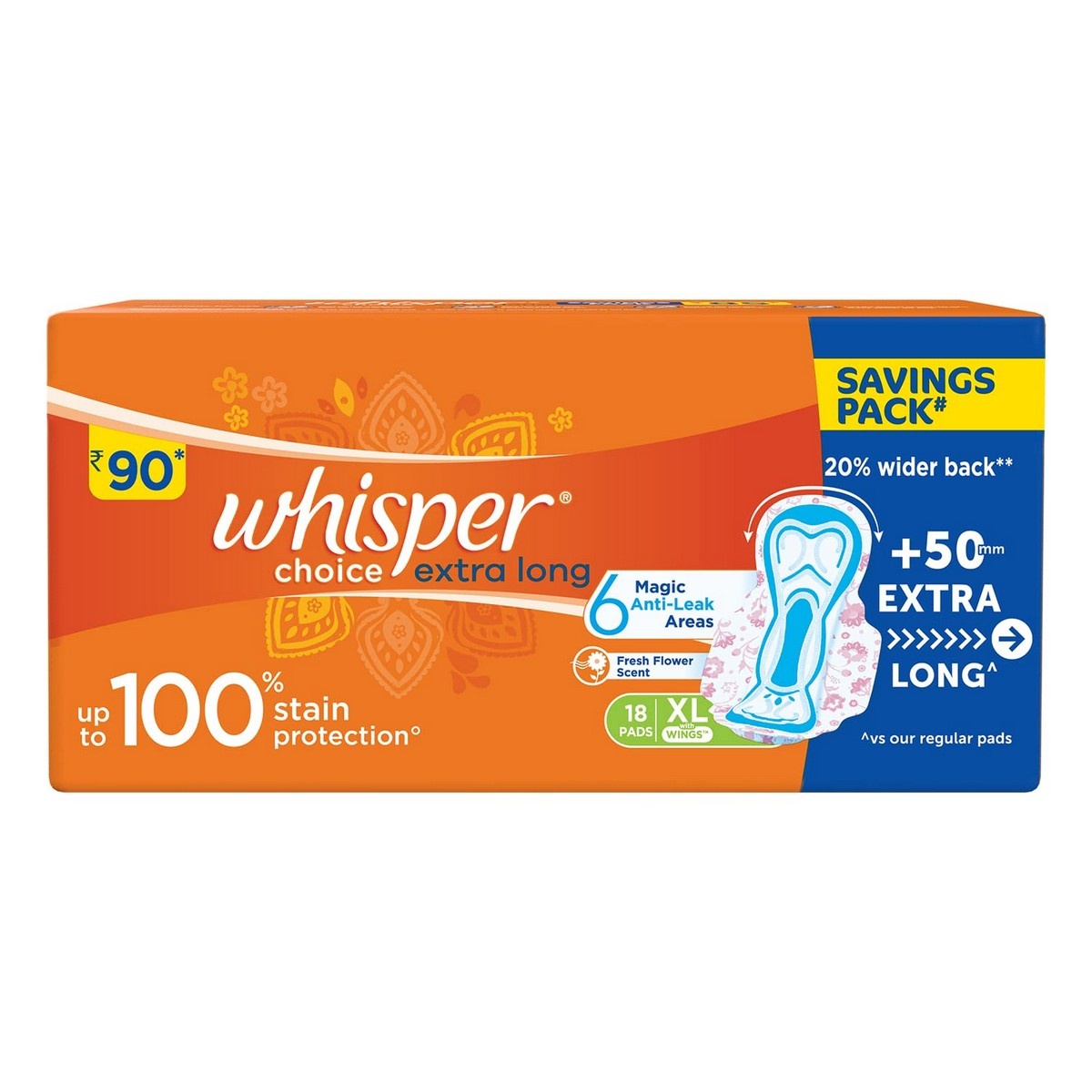 Whisper Choice Sanitary Pads With Wings For Women, XL Size (18 Napkins)