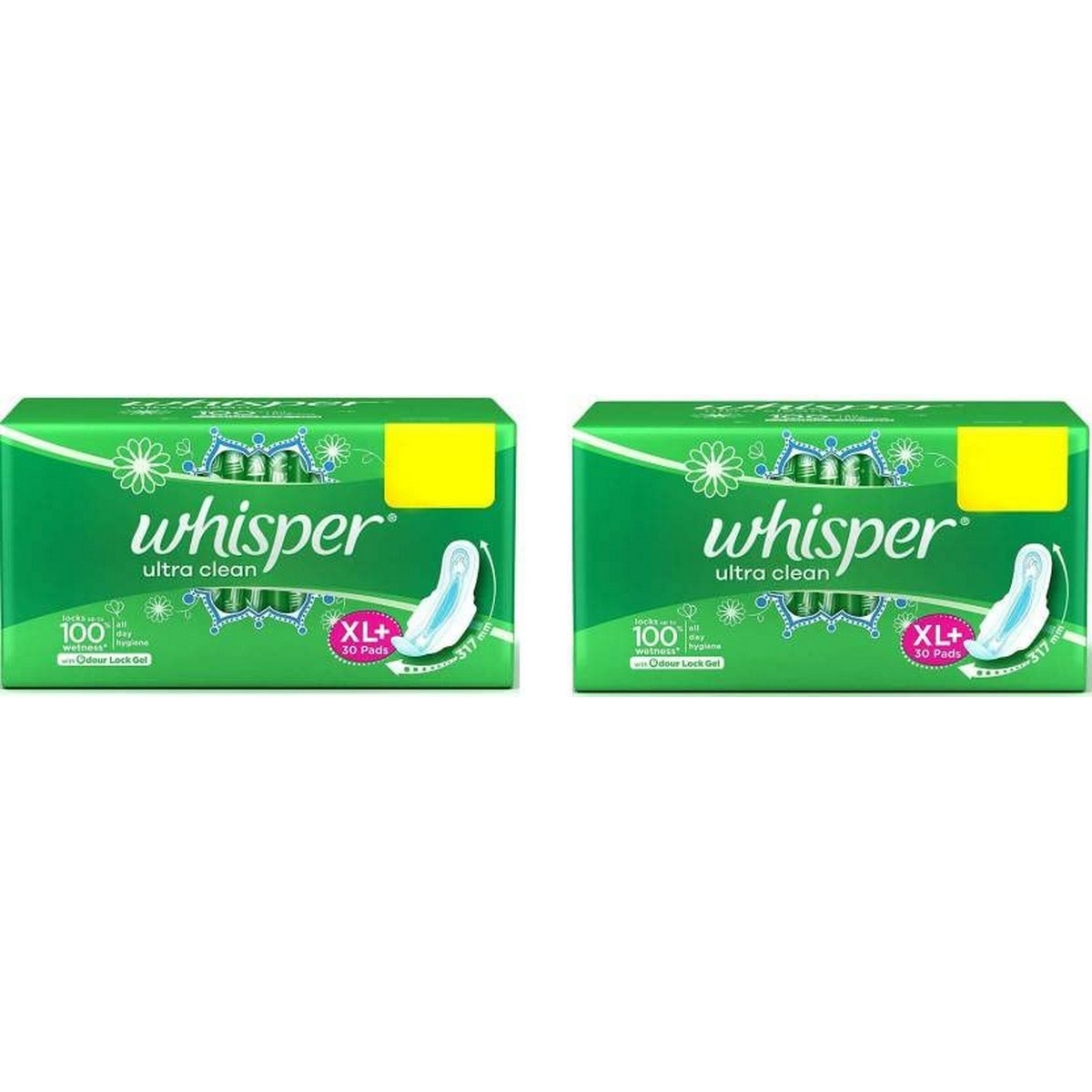 Whisper Ultra Clean Pads For Women (Pack of 2, 30 Pads Each)