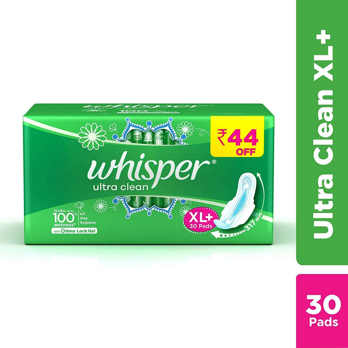 Whisper Ultra Clean Sanitary Pads - 30 Pieces (XL Plus) & Ultra Overnight Sanitary Pads with Wings - 30 Pieces (XL Plus) Combo