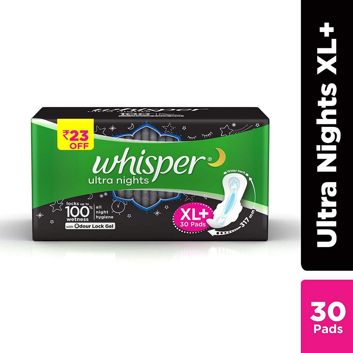 Whisper Ultra Clean Sanitary Pads - 30 Pieces (XL Plus) & Ultra Overnight Sanitary Pads with Wings - 30 Pieces (XL Plus) Combo