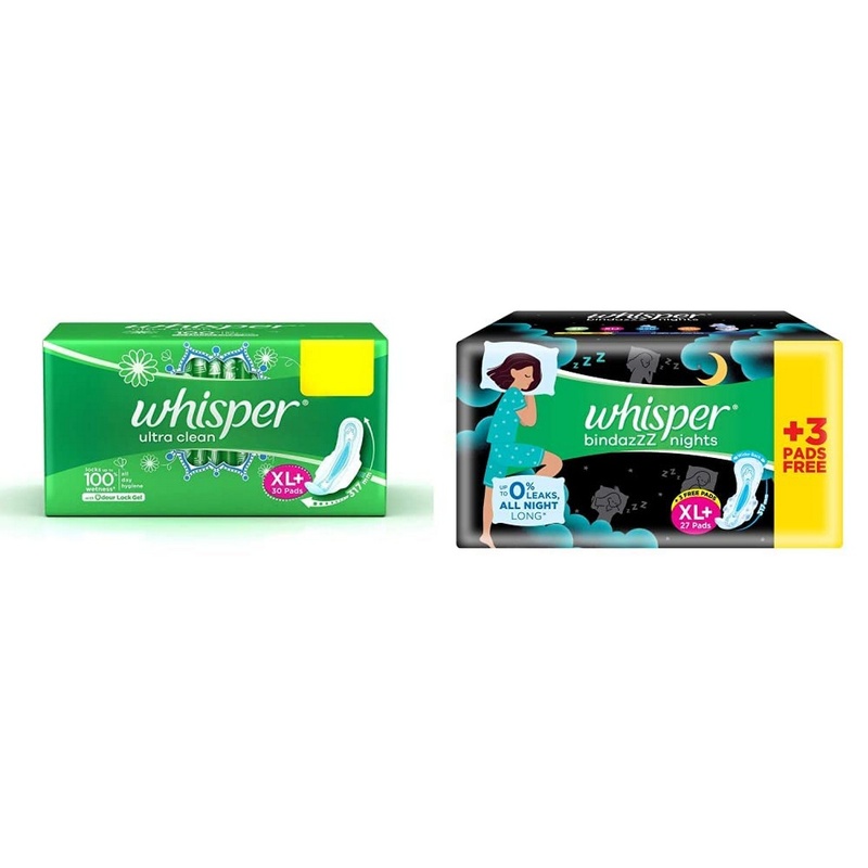 Whisper Ultra Clean Sanitary Pads - 30 Pieces (XL Plus) & Ultra Overnight Sanitary Pads with Wings - 30 Pieces (XL Plus) Combo