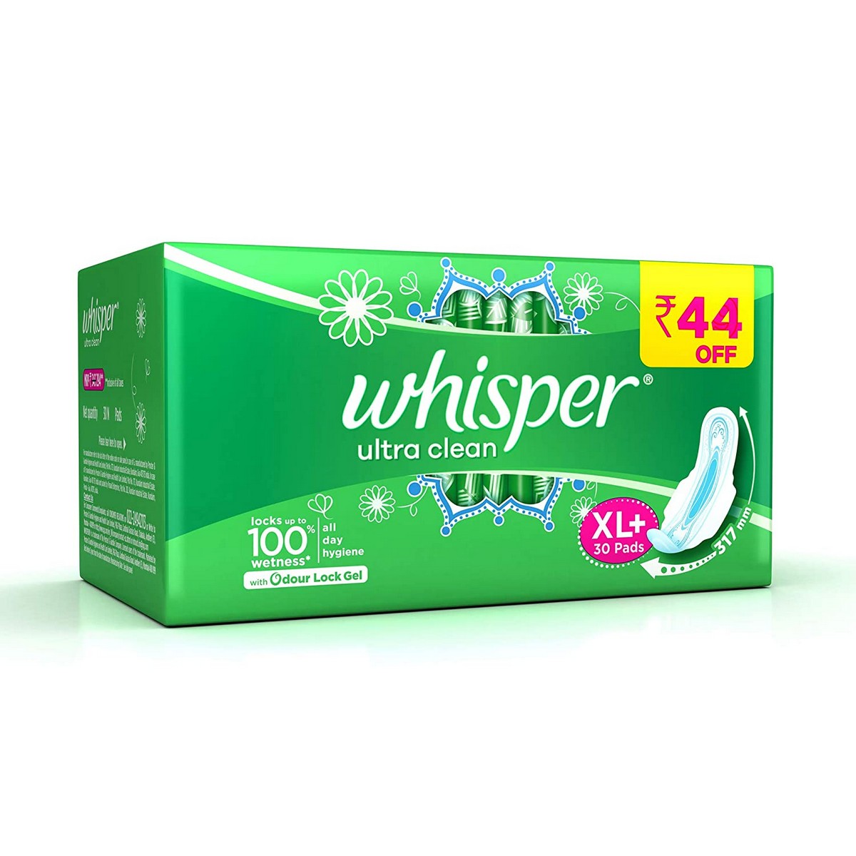 Whisper Ultra Clean Sanitary Pads - 30 Pieces (XL Plus) & Ultra Overnight Sanitary Pads with Wings - 30 Pieces (XL Plus) Combo