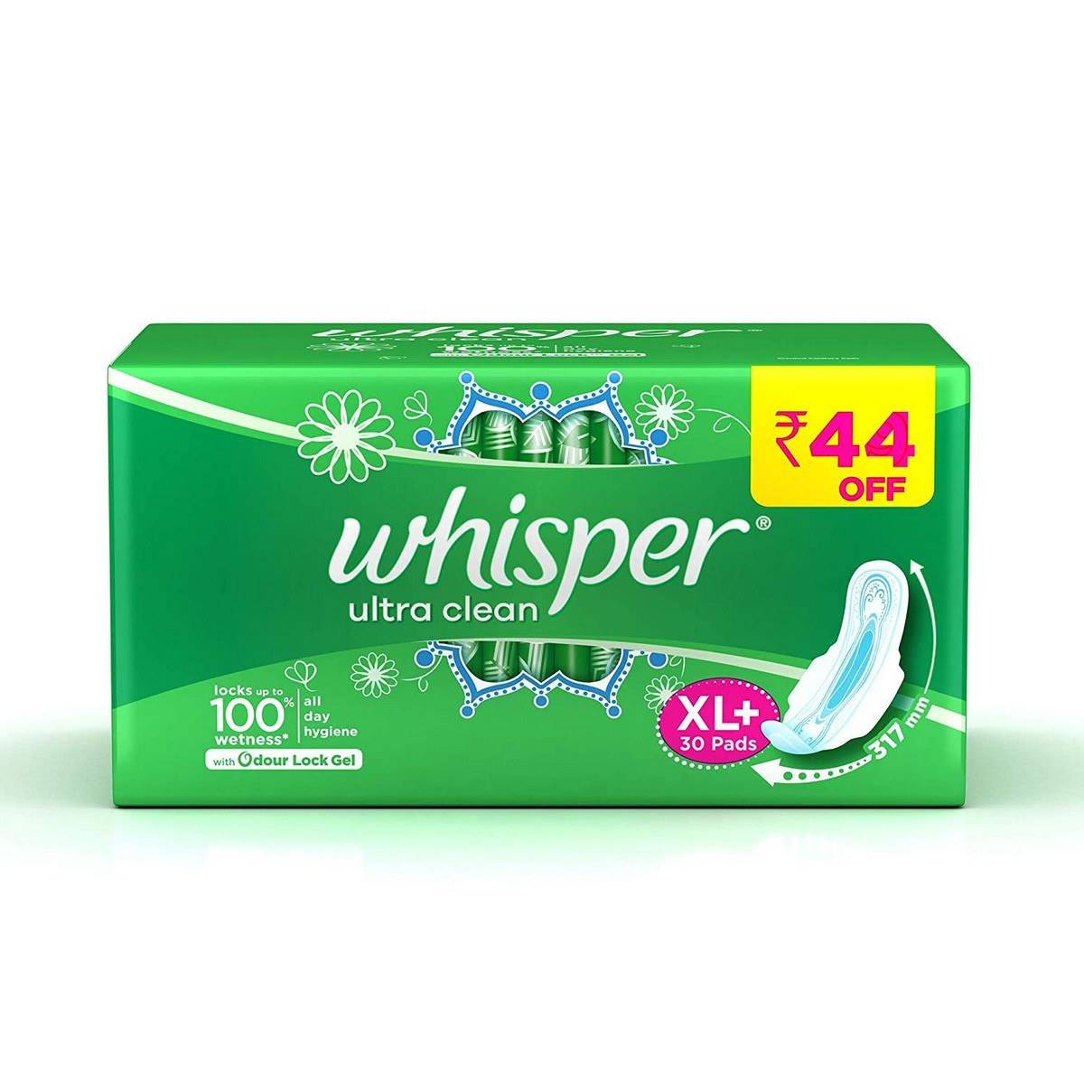 Whisper Ultra Clean Sanitary Pads - 30 Pieces (XL Plus) & Ultra Overnight Sanitary Pads with Wings - 30 Pieces (XL Plus) Combo