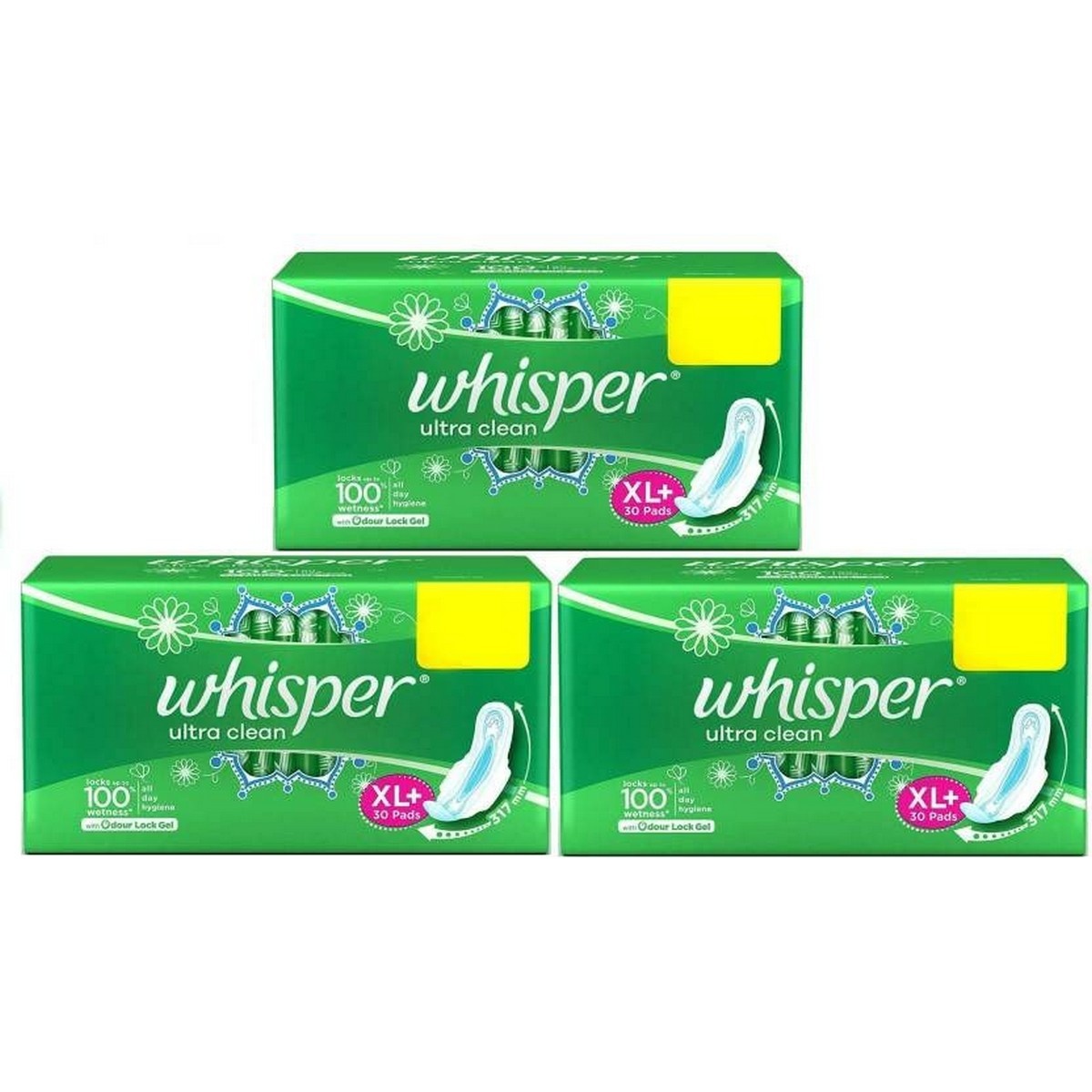 Whisper Ultra Clean Sanitary Pads for Women, XL+ (Pack of 3, 90 Pads)