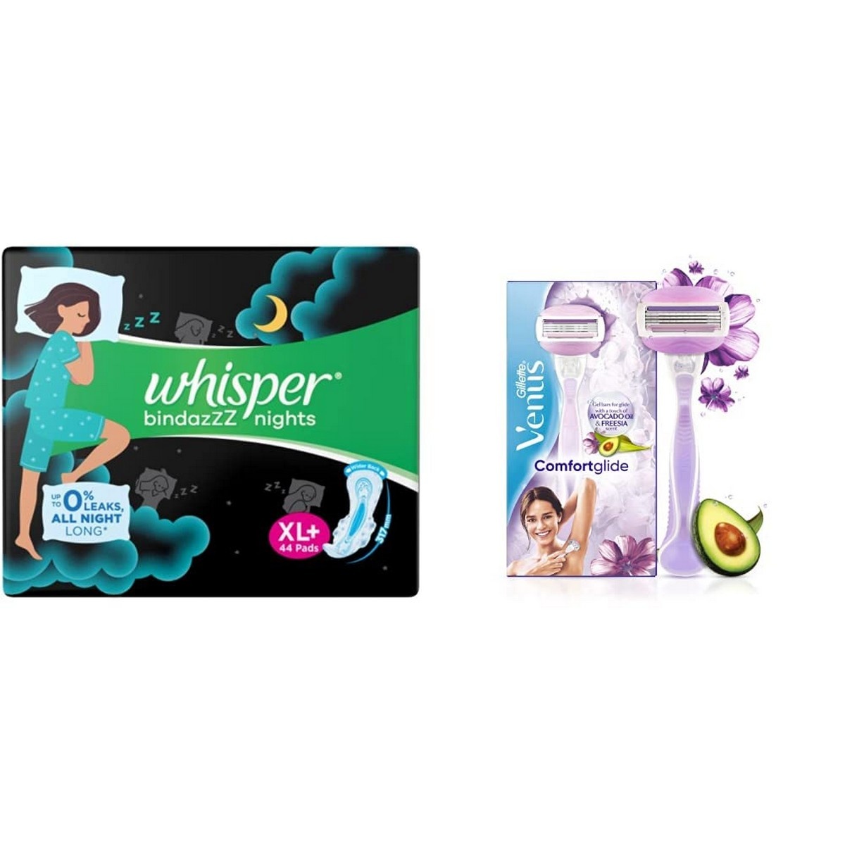 Whisper Ultra Night Sanitary PadS Xl+ 44 Napkins And Gillette Venus Breeze Hair Removal Razor For Women