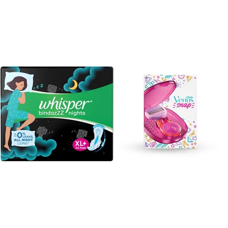 Whisper Ultra Night Sanitary Pads, Xl+ 44 Napkins And Gillette Venus Snap Hair Remover For Smooth Skin (With 3 Refills)