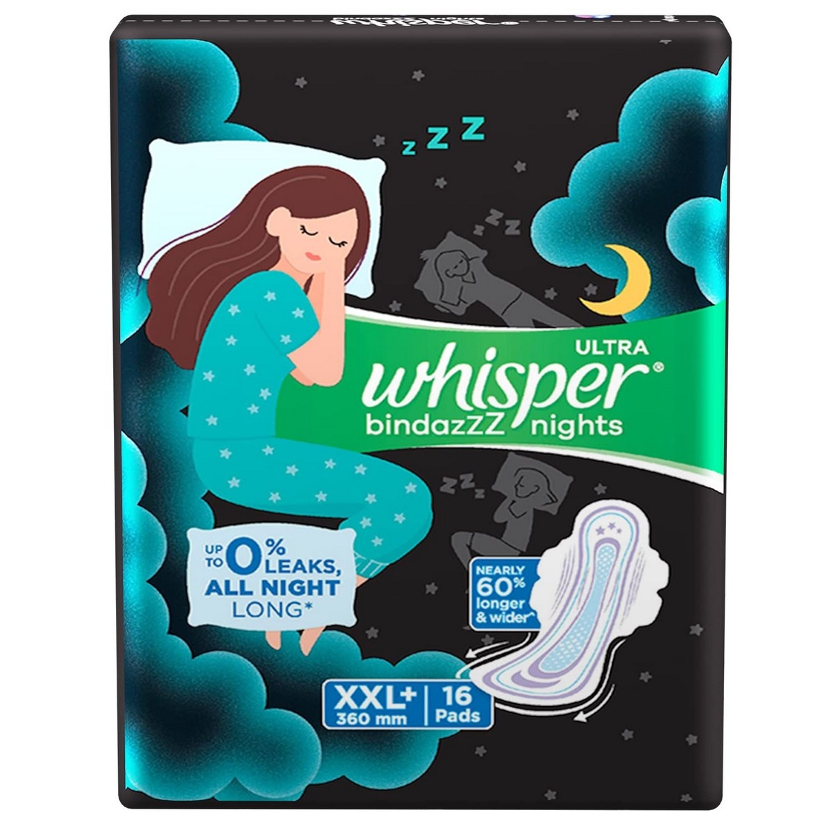 Whisper Ultra Night Sanitary Pads for Women, XXL+ (16 Napkins)