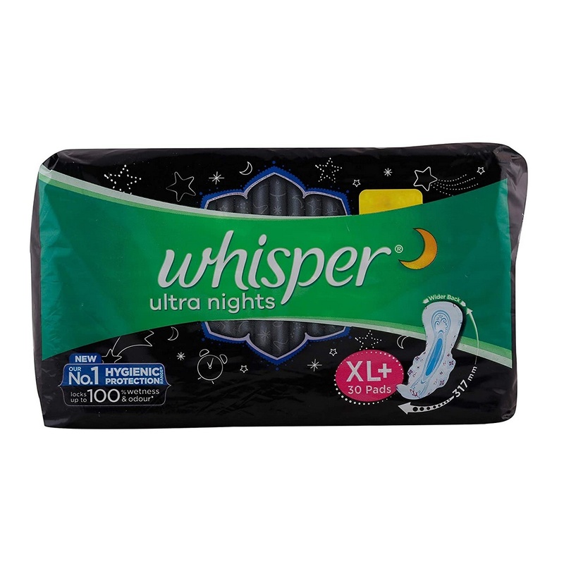 Whisper Ultra Night Sanitary Pads with Wings for Women- 30 Pads (XL)