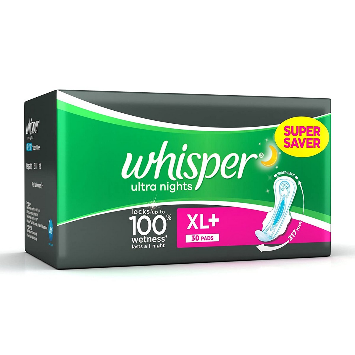 Whisper Ultra Overnight Sanitary Pads XL+ Wings - 30 Count