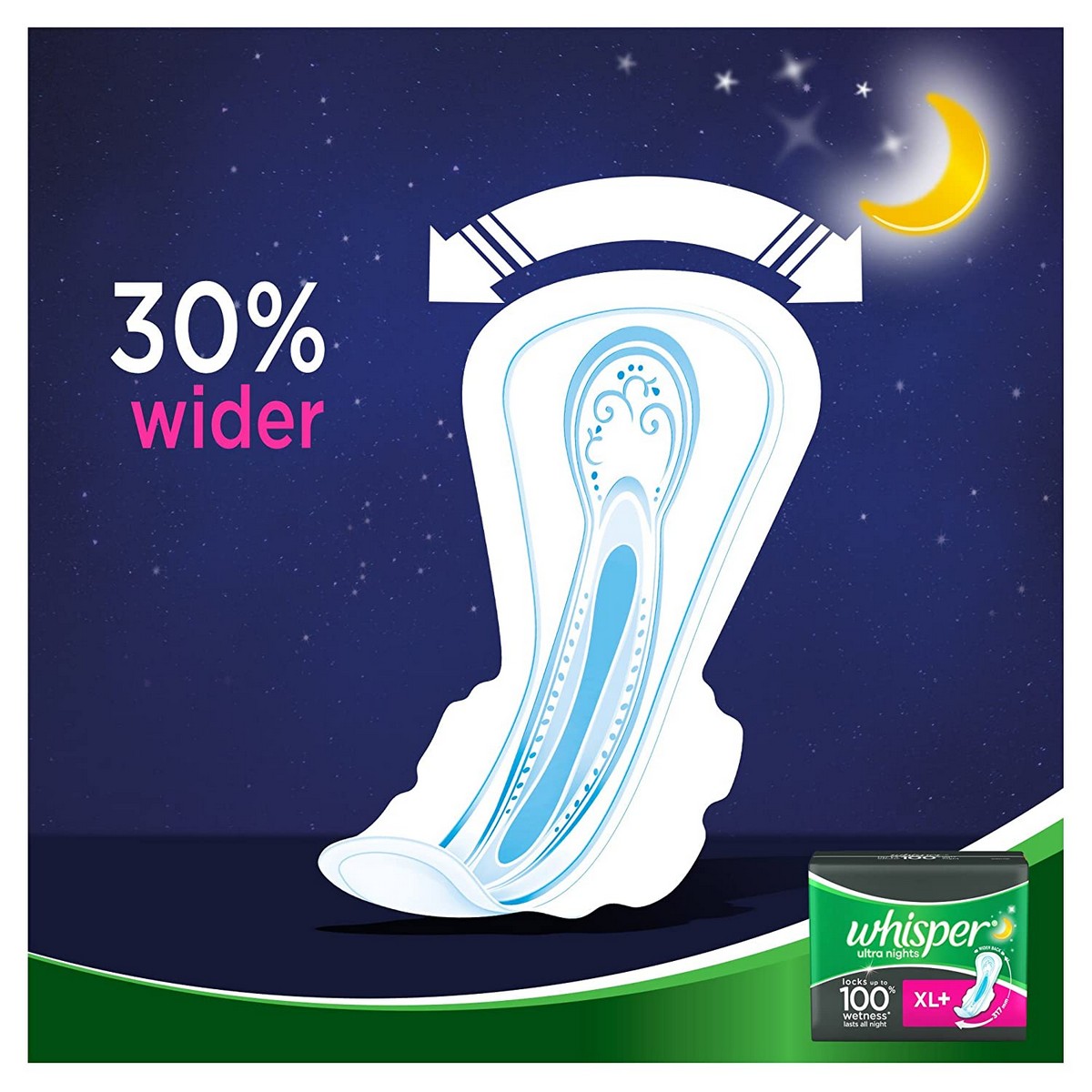 Whisper Ultra Overnight Sanitary Pads XL+ Wings - 30 Count