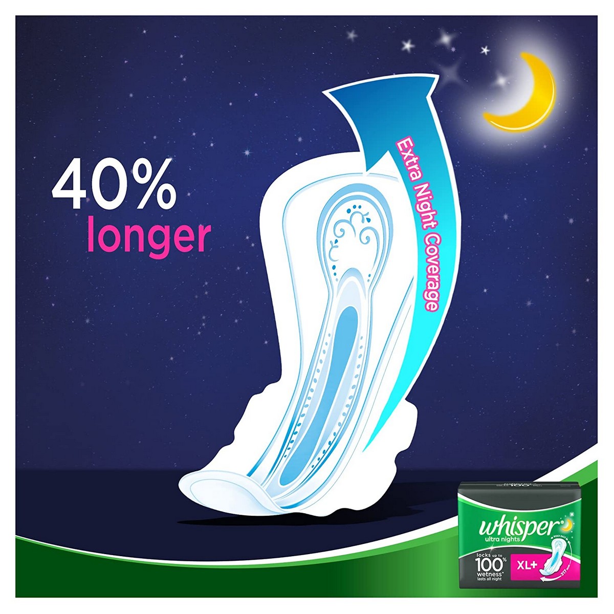 Whisper Ultra Overnight Sanitary Pads XL+ Wings - 30 Count