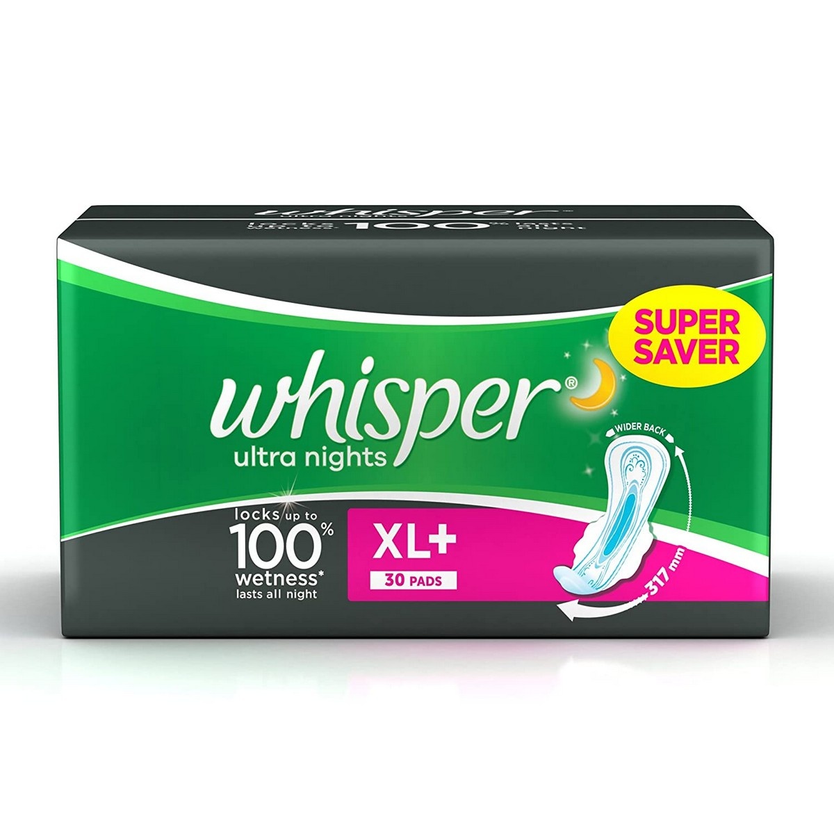 Whisper Ultra Overnight Sanitary Pads XL+ Wings - 30 Count