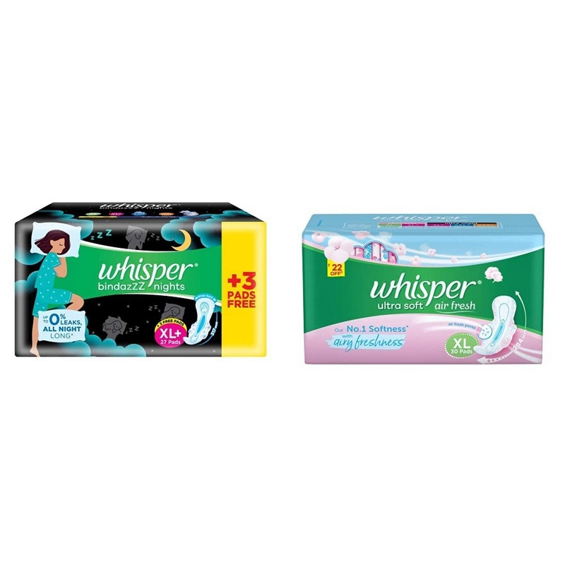 Whisper Ultra Overnight Sanitary Pads with Wings - 30s (XL Plus) & Ultra Soft Sanitary Pads - 30s (XL)