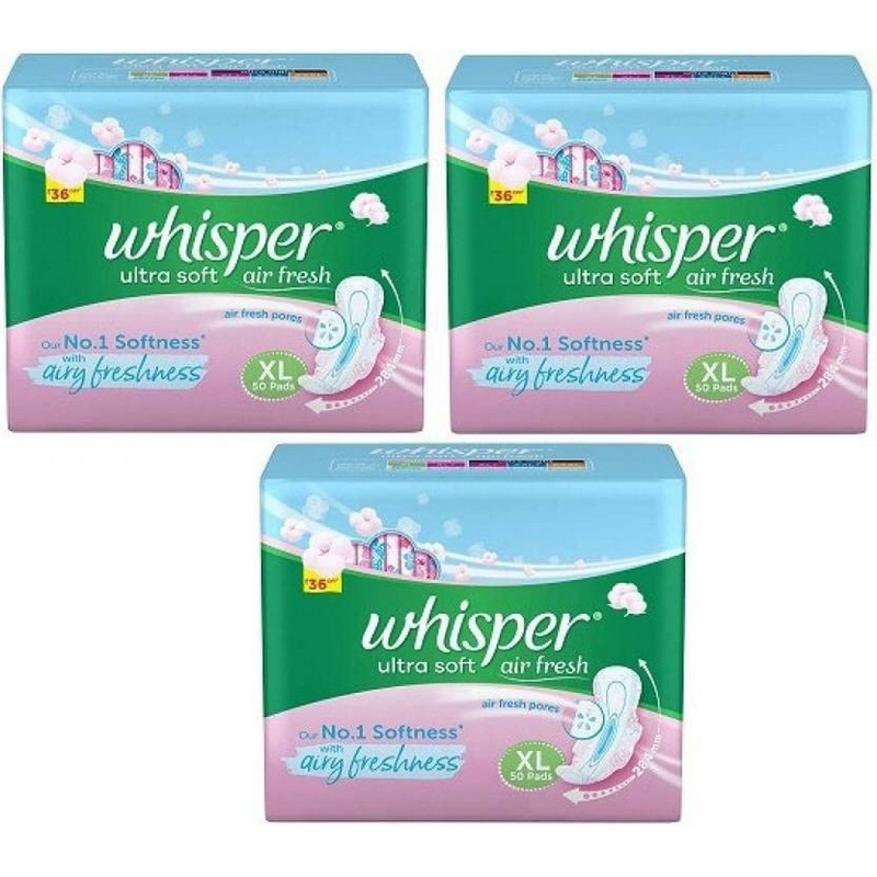 Whisper Ultra Soft Air Fresh Sanitary Pads For Women, XL (Pack of 3, 50 Pads Each)