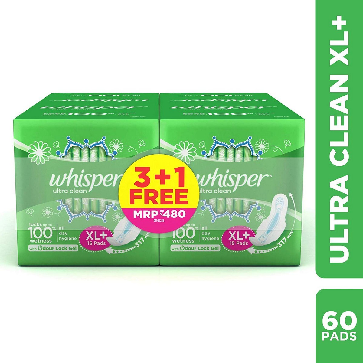 Whisper Ultra Soft Sanitary Pads - 30 Pieces (XL Plus) & Ultra Clean Sanitary XL Plus Pads - 15 Count (Pack of 4)