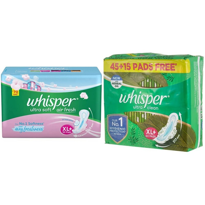 Whisper Ultra Soft Sanitary Pads - 30 Pieces (XL Plus) & Ultra Clean Sanitary XL Plus Pads - 15 Count (Pack of 4)