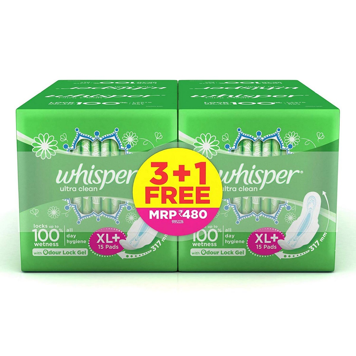 Whisper Ultra Soft Sanitary Pads - 30 Pieces (XL Plus) & Ultra Clean Sanitary XL Plus Pads - 15 Count (Pack of 4)