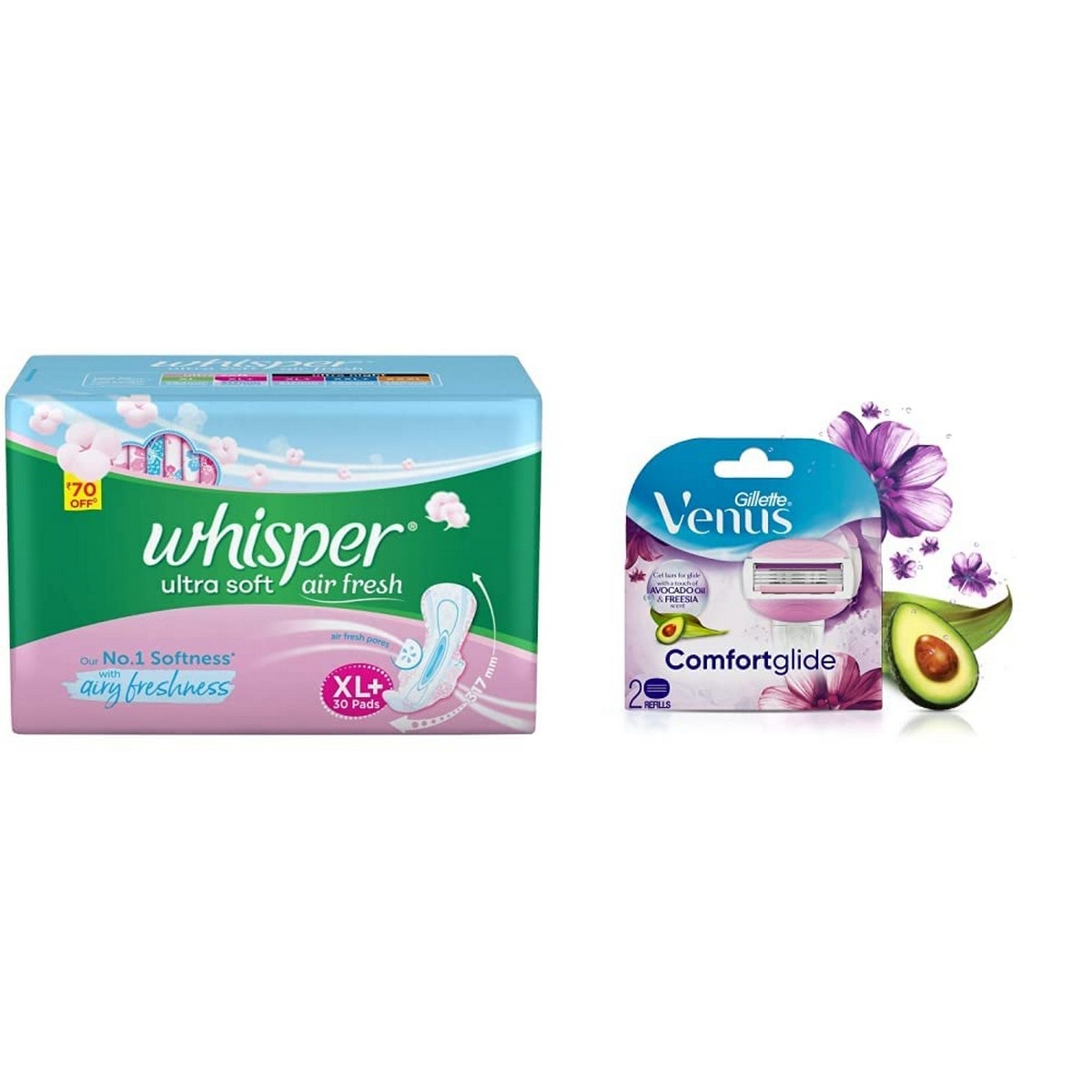 Whisper Ultra Soft Sanitary Pads - 30 Pieces (XL Plus) & Venus Breeze Razor Blades - 2 Pieces Combo