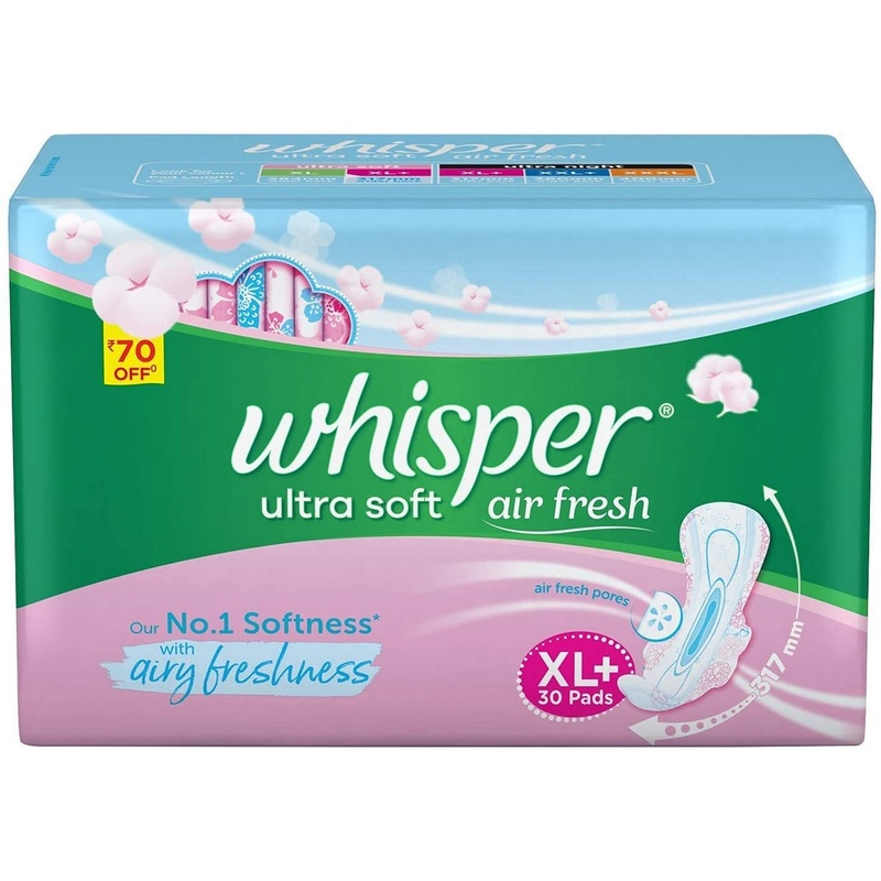Whisper Ultra Soft Sanitary Pads - 30 Pieces (XL+) & Ultra Night Sanitary (XL+) Pads - 15 Count
