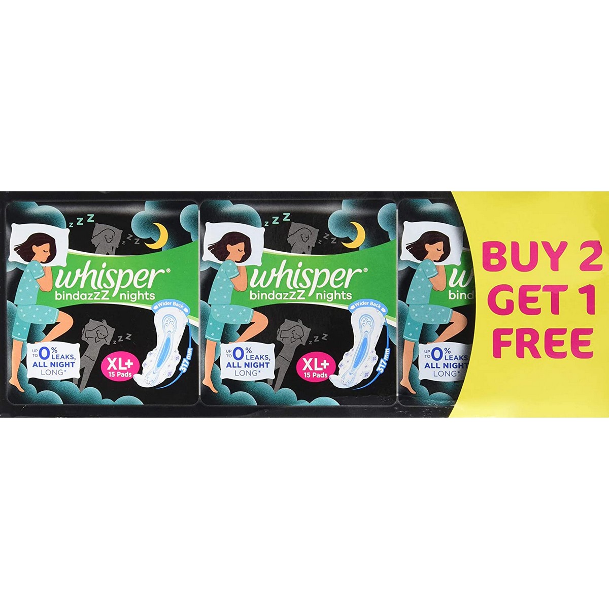 Whisper Ultra Soft Sanitary Pads - 30 Pieces (XL+) & Ultra Night Sanitary (XL+) Pads - 15 Count